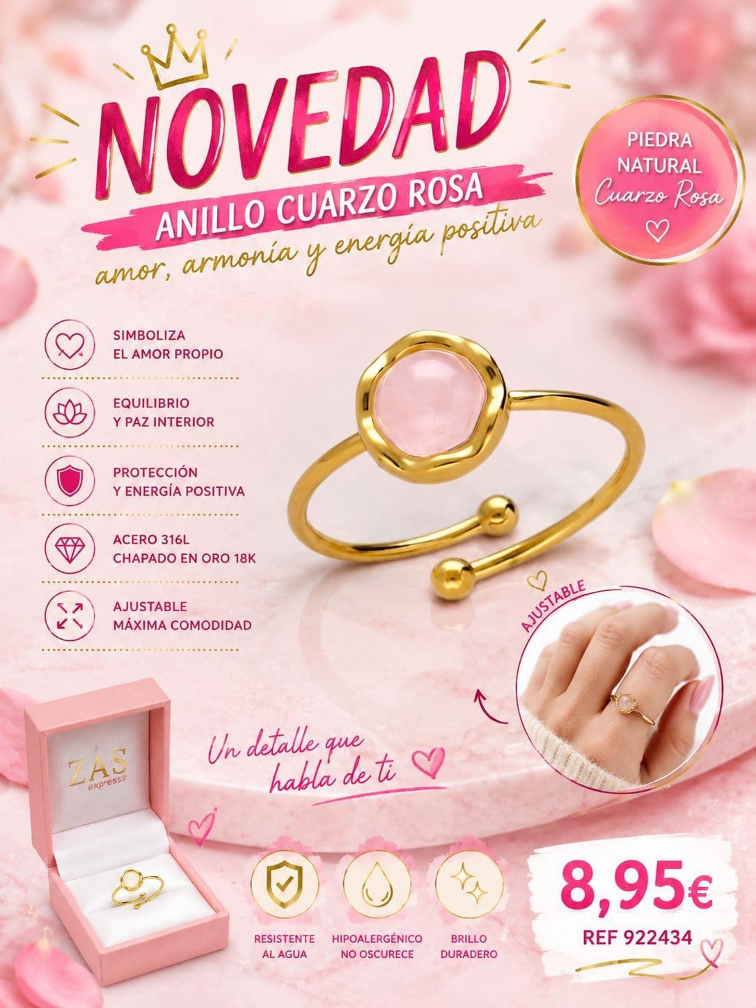 Anillo ajustable cuarzo rosa - Imagen 1
