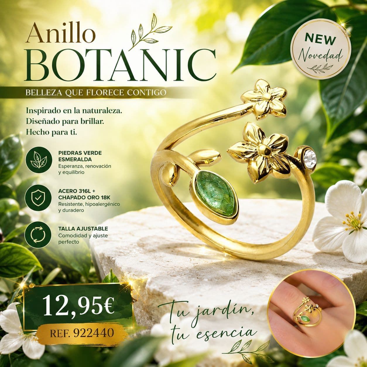 Anillo botánico ajustable acero - Imagen 2