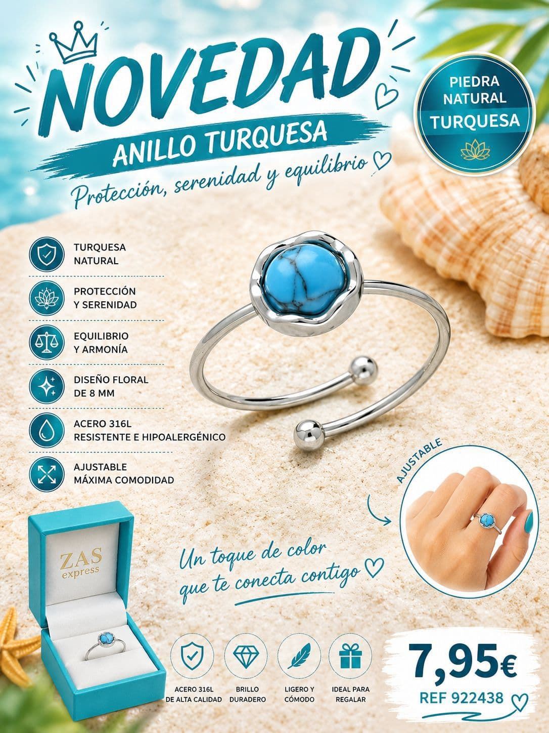Anillo piedra natural acero - Imagen 1