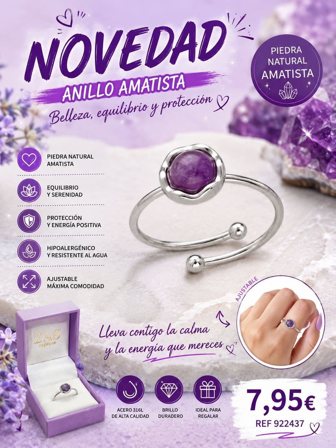 Anillo piedra natural acero - Imagen 2