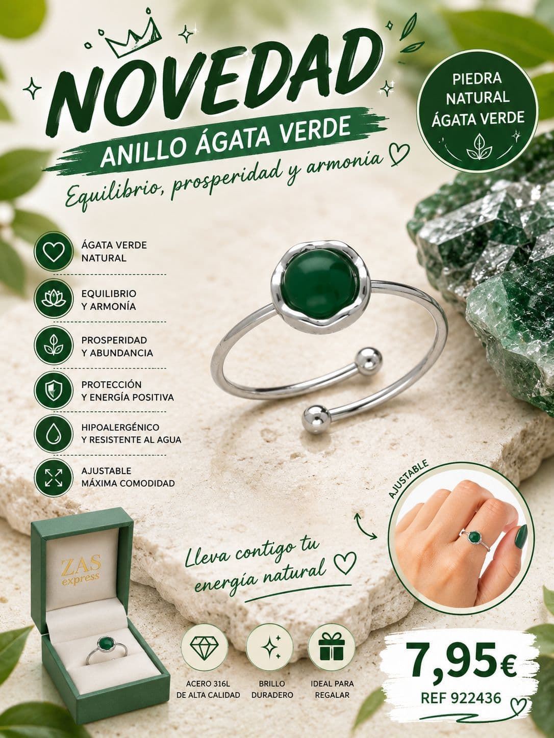 Anillo piedra natural acero - Imagen 4