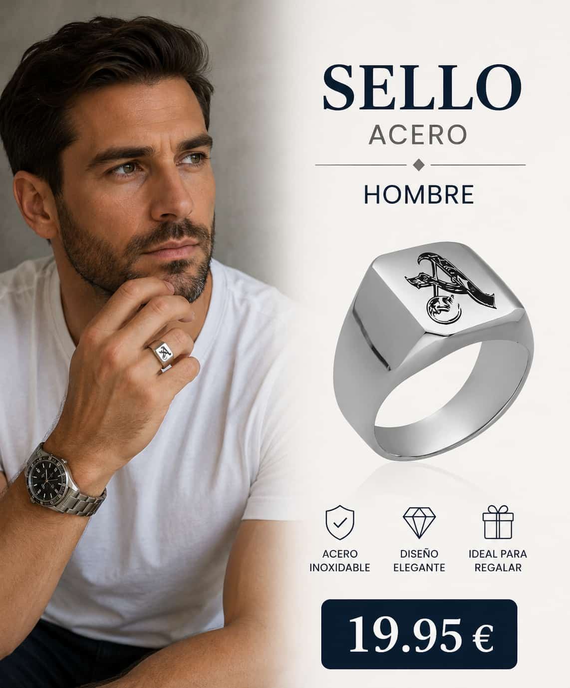Anillo sello  de  hombre acero con Inicial - Imagen 1