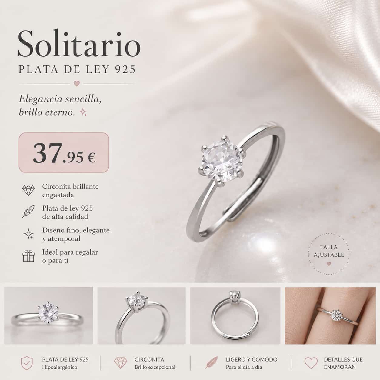 Anillo solitario plata de ley - Imagen 1