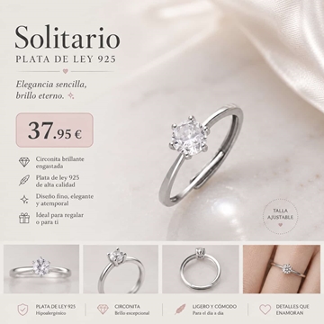 Anillo solitario plata de ley - Imagen 1