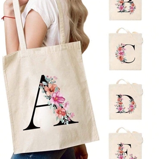 Bolsa de tela con inicial y flores personalizada - Imagen 1