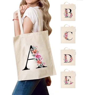 Bolsa de tela con inicial y flores personalizada - Imagen 1