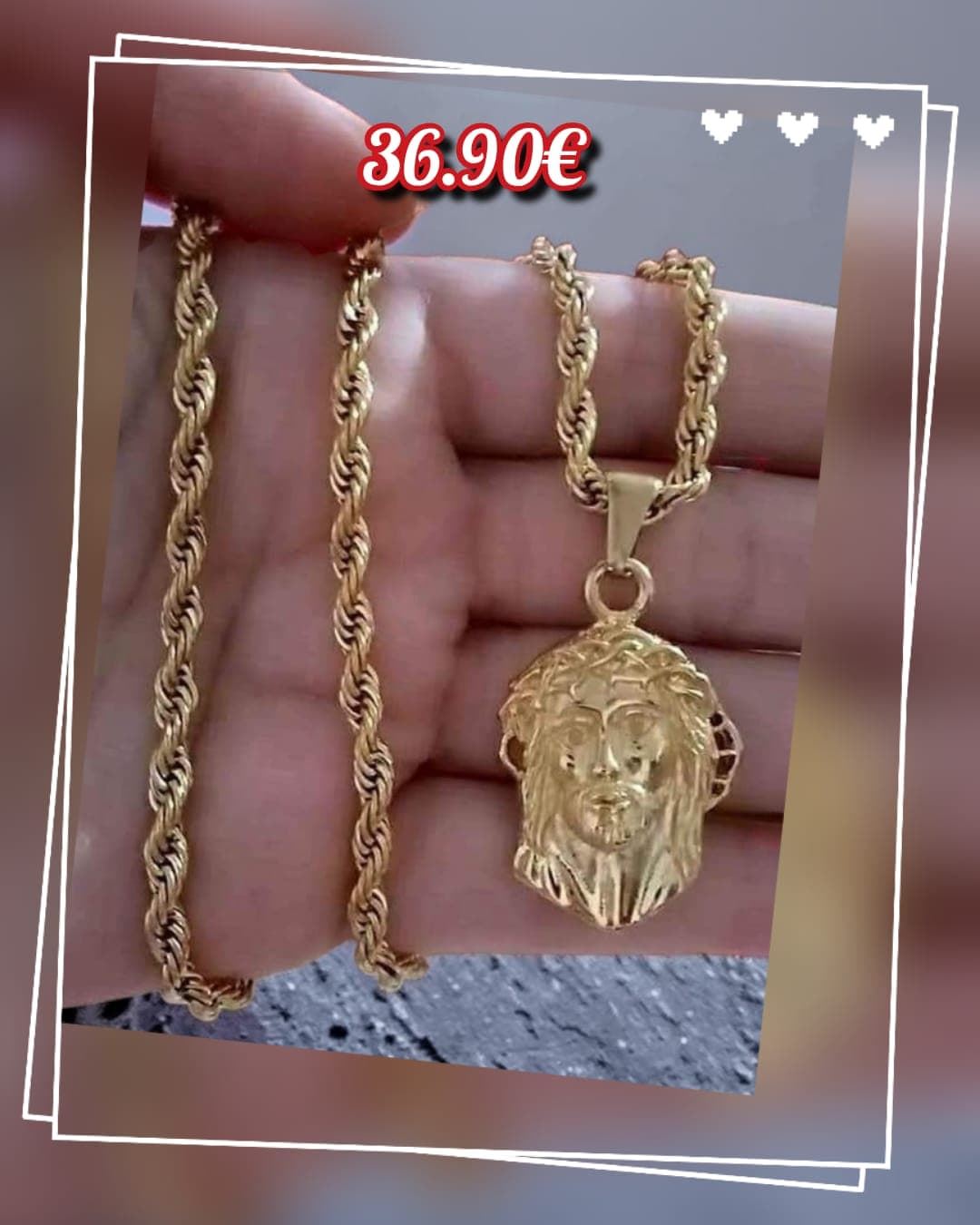 Collar cara de Cristo y cordón salomónico acero - Imagen 1