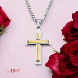 Collar cruz 3D bicolor acero - Imagen 1