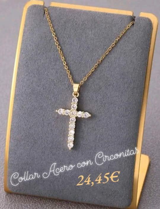 Collar cruz circonitas acero - Imagen 1