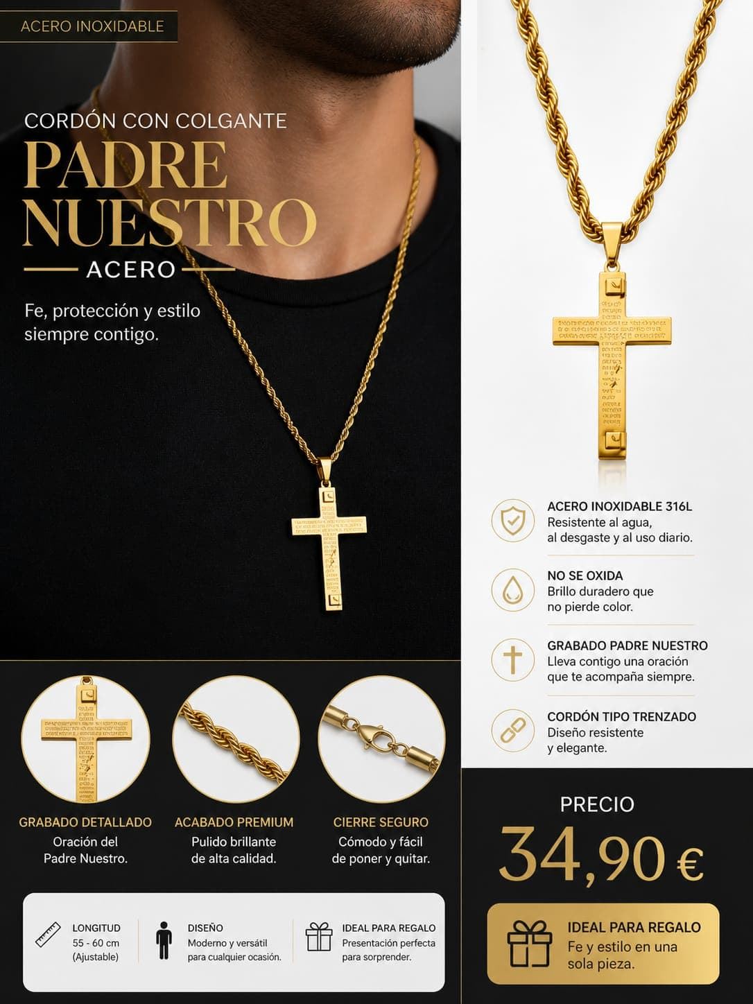 Collar cruz padre nuestro acero - Imagen 1