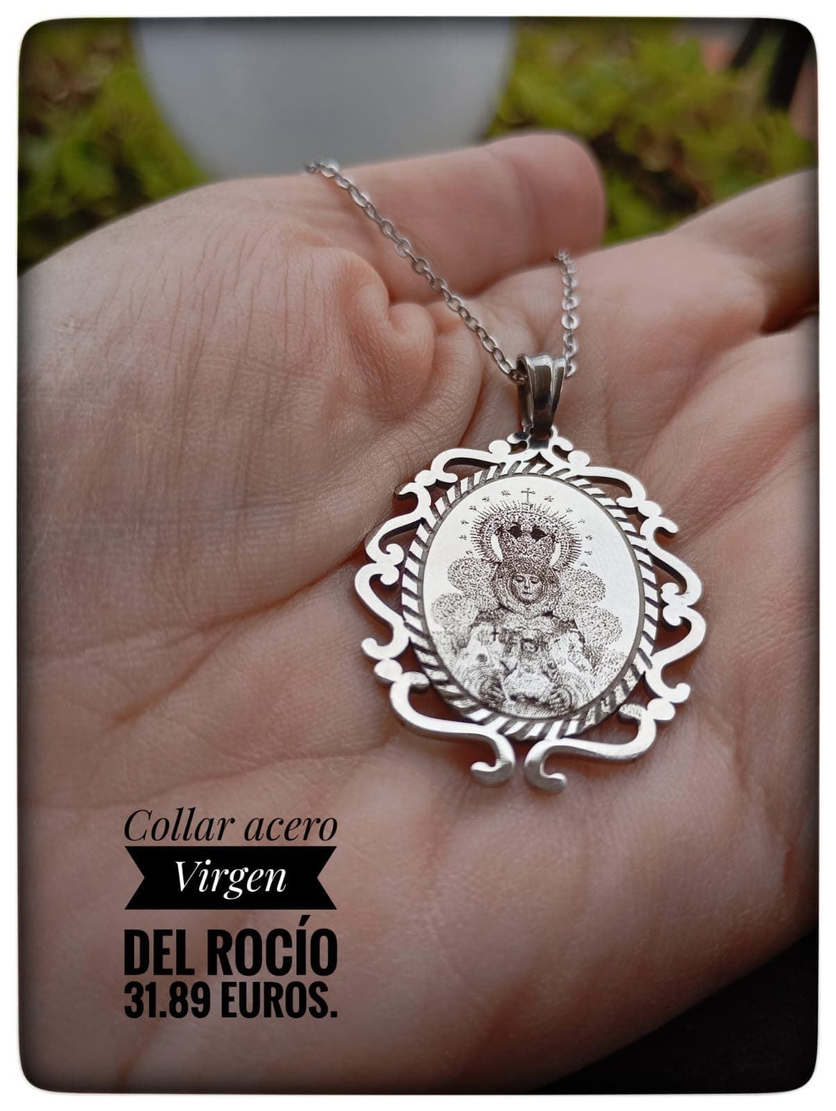 Collar fotograbado virgen del Rocío oval acero - Imagen 1