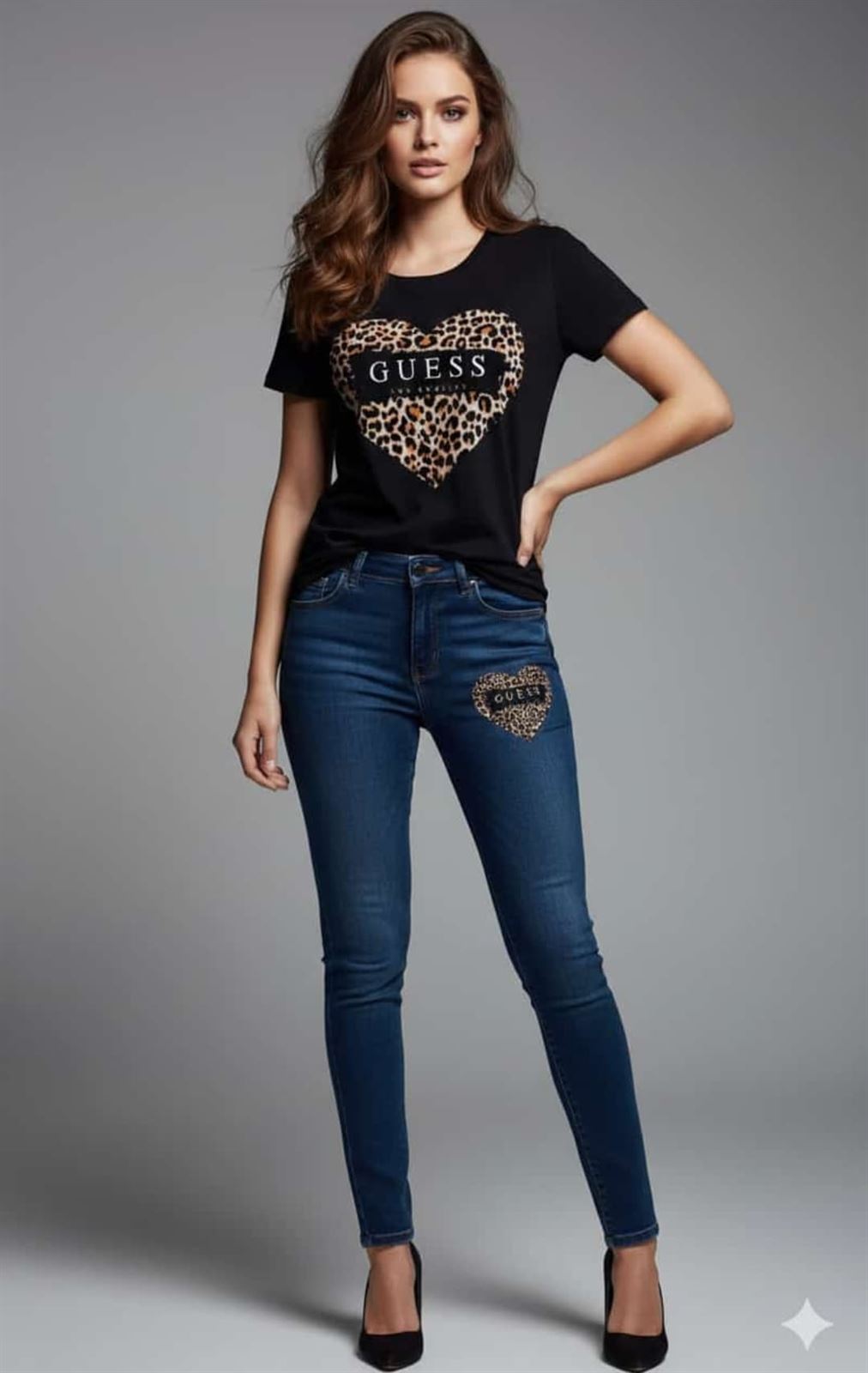 Conjunto camiseta y pantalón vaquero Guess con estampado leopardo - Imagen 2