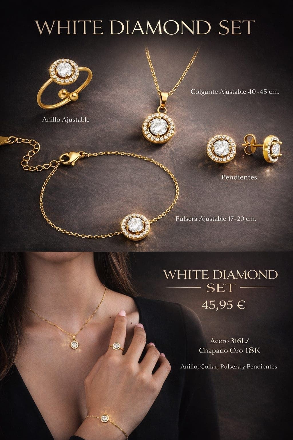 Conjunto pendientes anillo pulsera diamont acero - Imagen 1