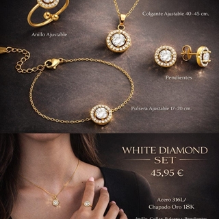 Conjunto pendientes anillo pulsera diamont acero - Imagen 1