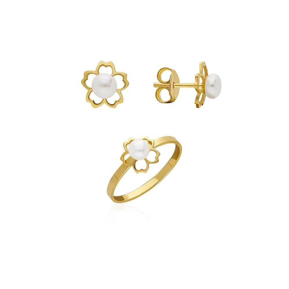 Conjunto pendientes y anillo perlas y flor calada plata de primera ley - Imagen 1