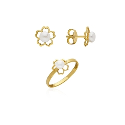 Conjunto pendientes y anillo perlas y flor calada plata de primera ley - Imagen 1