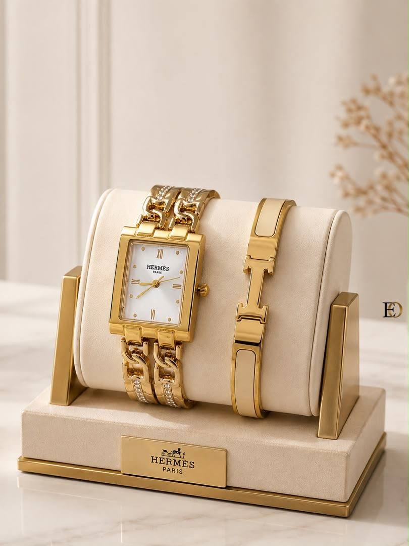 Conjunto reloj cuadrado y pulsera Hermes - Imagen 1