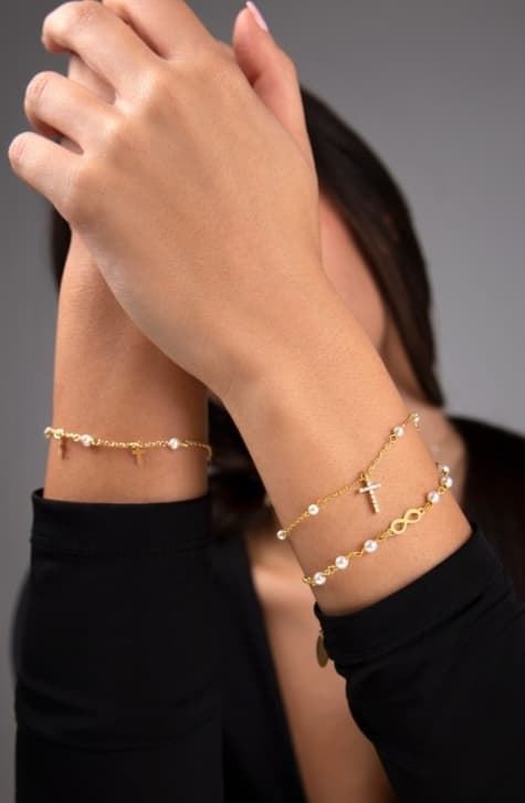 Pulsera cruz perlas Plata de ley - Imagen 1