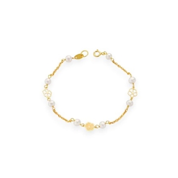 Pulsera flor y perlas cultivadas comunión oro 18 kilates - Imagen 1
