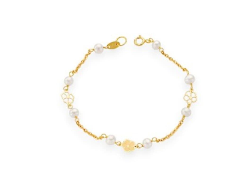 Pulsera flor y perlas cultivadas oro 18 ktes comunion - Imagen 1