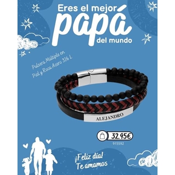 Pulsera múltiple en piel y roca de acero - Imagen 1
