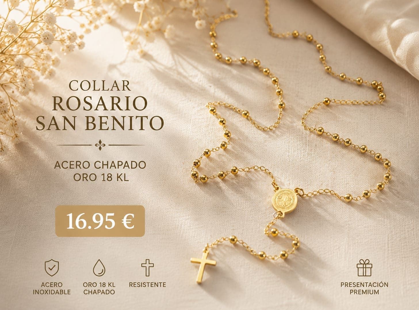 Rosario San Benito acero bañado en oro - Imagen 1